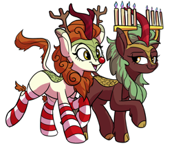 Size: 1300x1100 | Tagged: safe, artist:rocket-lawnchair, derpibooru import, autumn blaze, cinder glow, summer flare, kirin, g4, antlers, christmas, clothes, duo, female, hanukkah, hockless socks, holiday, lidded eyes, menorah, open mouth, open smile, red nose, reindeer antlers, simple background, smiling, socks, striped socks, white background