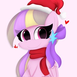 Size: 2048x2048 | Tagged: safe, artist:petaltwinkle, derpibooru import, oc, oc only, oc:petal twinkle, pegasus, pony, bust, christmas, clothes, eye clipping through hair, female, floating heart, hat, heart, holiday, looking at you, mare, pink background, santa hat, scarf, simple background, smiling, smiling at you, solo