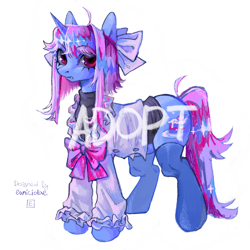 Size: 2048x2048 | Tagged: safe, artist:eunicidae, derpibooru import, oc, unicorn, adoptable, advertisement, blouse, bow, cake, clothes, cutie mark, food, hair bow, long hair, long tail, pink hair, red eyes, stockings, sweater, tail, thigh highs, turtleneck