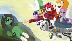 Size: 6142x3500 | Tagged: safe, artist:legendoflink, derpibooru import, oc, oc only, oc:anon-mare, oc:arrhythmia, oc:dyx, oc:jargon scott, oc:matriarch zeg'us, oc:twiggy, alicorn, bat pony, earth pony, human, pony, absurd resolution, bat pony oc, female, fine art parody, mare, simple background, the creation of adam