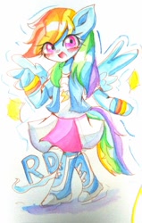 Size: 571x900 | Tagged: safe, artist:applejack_yokai, derpibooru import, rainbow dash, pegasus, pony, semi-anthro, g4, blushing, clothes, equestria girls outfit, female, mare, solo