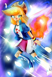 Size: 608x900 | Tagged: safe, artist:applejack_yokai, derpibooru import, applejack, rainbow dash, equestria girls, g4, boots, breasts, bust, clothes, clothes swap, collar, cowboy hat, female, hair, hat, open mouth, ponytail, shirt, shoes, skirt, t-shirt, teenager, wristband