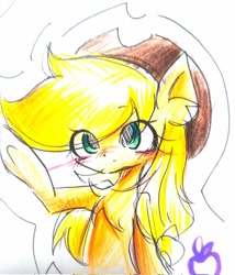 Size: 583x680 | Tagged: safe, artist:applejack_yokai, derpibooru import, applejack, earth pony, pony, g4, applejack's hat, bipedal, blushing, chest fluff, clothes, cowboy hat, female, hat, mare, solo, underhoof, waving