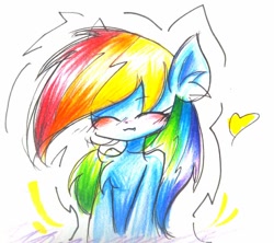 Size: 680x604 | Tagged: safe, artist:applejack_yokai, derpibooru import, rainbow dash, pegasus, pony, g4, bipedal, blushing, chest fluff, cute, cute little fangs, ear fluff, ears, eyes closed, fangs, heart, solo