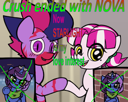 Size: 2000x1600 | Tagged: safe, artist:yamston, derpibooru import, oc, oc only, oc:princess nova(ltd), oc:spark greenfield, oc:starlight(ltd), alicorn, pony, zebra, fanfic:living the dream, 2023, blue coat, blushing, colt, crown, fanfic art, female, filly, foal, friendship ended, golden eyes, green eyes, jewelry, male, meme, offspring, parent:oc:frederic bourdages, parent:oc:lance greenfield, parent:princess luna, parent:twilight sparkle, parents:canon x oc, pigtails, pink mane, purple eyes, red stripes, regalia, slit eyes, text, trio, two toned mane, zebra oc