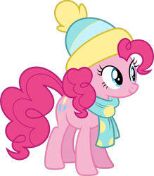 Size: 8791x10020 | Tagged: safe, artist:starryshineviolet, derpibooru import, pinkie pie, earth pony, pony, best gift ever, g4, absurd resolution, beanie, clothes, female, hat, mare, scarf, simple background, smiling, solo, transparent background, vector, winter outfit