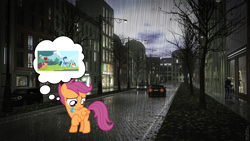 Size: 1600x900 | Tagged: safe, artist:horseboy223, derpibooru import, rainbow dash, scootaloo, soarin', pegasus, abandoned, building, car, city, cloud, cloudy, crying, dead tree, female, foal, heartbreak, irl, lonely, looking down, male, people, photo, purple mane, rain, real life background, sad, sadness, shipping, small wings, soarindash, straight, street, streetlight, thinking, thought, thought bubble, town, tree, umbrella, vehicle, wings