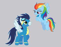 Size: 828x639 | Tagged: safe, artist:nightglowfan, derpibooru import, rainbow dash, soarin', pegasus, pony, g4, female, gray background, male, mare, shipping, simple background, soarindash, stallion, straight, wonderbolts uniform