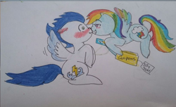 Size: 818x498 | Tagged: artist needed, source needed, safe, artist:miyathegoldenflower, derpibooru import, rainbow dash, soarin', pegasus, pony, g4, female, male, mare, shipping, soarindash, stallion, straight, traditional art