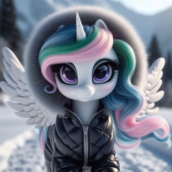 Size: 1024x1024 | Tagged: safe, ai content, machine learning generated, princess celestia, alicorn, pony, bing, clothed ponies, clothes, female, looking at you, mare, snow, solo, spread wings, winter outfit