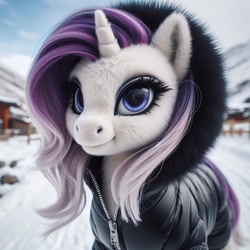 Size: 1024x1024 | Tagged: safe, ai content, machine learning generated, rarity, pony, unicorn, alternate hairstyle, bing, clothed ponies, clothes, female, fluffy, mare, snow, solo, winter outfit
