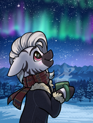 Size: 1402x1868 | Tagged: safe, artist:helmie-art, oc, oc only, oc:ailani, undead, vampire, zebra, aurora borealis, coat, cup, fangs, forest, male, scarf, stallion, ych result