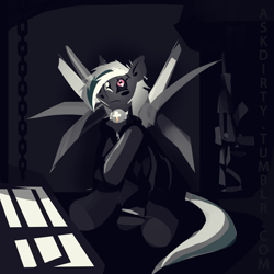 Size: 4000x4000 | Tagged: safe, artist:dirtyscoundrel, derpibooru import, oc, oc only, oc:jackmar, cyborg, pegasus, pony, absurd resolution, amputee, clothes, cyborg pony, dark, frown, gun, lineless, monochrome, prosthetic eye, prosthetics, rainbow dash's cutie mark, rifle, sitting, solo, spread wings, weapon, wings