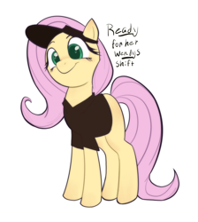 Size: 1838x2052 | Tagged: safe, artist:maggotz5k, derpibooru import, fluttershy, pegasus, pony, g4, colored pupils, missing cutie mark, polo shirt, simple background, solo, visor cap, wendy's, white background, wingless, working