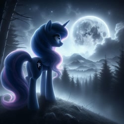 Size: 1024x1024 | Tagged: safe, ai content, derpibooru import, generator:dall-e 3, machine learning generated, princess luna, alicorn, pony, g4, cloud, female, fog, forest, full body, full moon, looking up, mare, moon, mountain, nature, night, prompter:starshine, realistic, stars, tree, wrong cutie mark