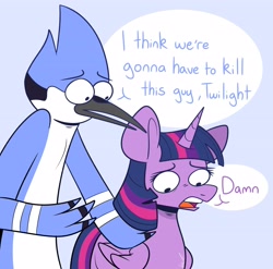 Size: 4096x4040 | Tagged: safe, artist:crookedbeetles, derpibooru import, twilight sparkle, twilight sparkle (alicorn), alicorn, bird, blue jay, pony, g4, absurd resolution, crossing the memes, damn, duo, duo male and female, female, i think we're gonna have to kill this guy, male, mare, meme, mordecai, regular show, style emulation, vulgar