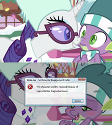 Size: 1942x2180 | Tagged: safe, derpibooru import, edit, edited screencap, editor:wojtek-ツ, screencap, rarity, spike, dragon, pony, unicorn, best gift ever, g4, blushing, boop, close-up, clothes, duo, error message, fake, faker than a three dollar bill, female, glasses, hat, male, mare, meme, microsoft windows, nose to nose, nose wrinkle, noseboop, scarf, shipping fuel, smiling, snow, spike want, sunglasses, windows 7, winged spike, wings, winter outfit