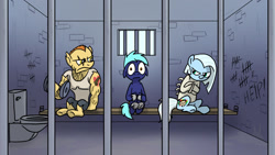 Size: 1024x578 | Tagged: safe, artist:fimflamfilosophy, derpibooru import, oc, oc:hoof beatz, oc:tracy cage, bondage, clothes, insanity, jail, jail cell, straitjacket, toilet, unsexy bondage