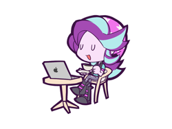 Size: 1200x900 | Tagged: safe, artist:rvceric, derpibooru import, starlight glimmer, equestria girls, g4, beanie, computer, cup, eyes closed, hat, laptop computer, macbook, simple background, sitting, smiling, solo, teacup, white background