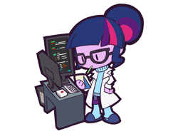 Size: 1200x900 | Tagged: safe, artist:rvceric, derpibooru import, sci-twi, twilight sparkle, equestria girls, g4, clothes, computer, keyboard, lab coat, monitor, pencil, pencil in mouth, portrait monitor, raspberry pi, simple background, solo, white background