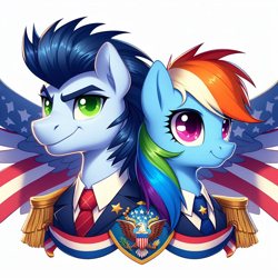 Size: 1024x1024 | Tagged: safe, ai content, derpibooru import, generator:bing image creator, machine learning generated, rainbow dash, soarin', g4, bust, clothes, female, male, president, prompter:*rainbow dash*, shipping, simple background, soarindash, straight, suit, united states, white background