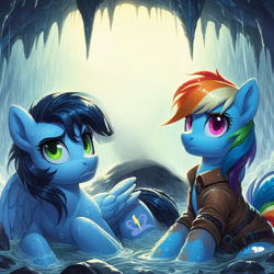 Size: 1024x1024 | Tagged: safe, ai content, derpibooru import, generator:bing image creator, machine learning generated, rainbow dash, soarin', g4, cave, clothes, exploring, female, jacket, male, prompter:*rainbow dash*, shipping, soarindash, straight, water, wet