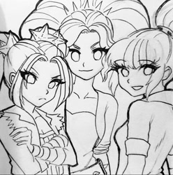 Size: 908x914 | Tagged: safe, artist:rileyav, derpibooru import, adagio dazzle, aria blaze, sonata dusk, human, equestria girls, g4, crossed arms, female, grayscale, looking at you, monochrome, sketch, smiling, smiling at you, the dazzlings, traditional art, trio