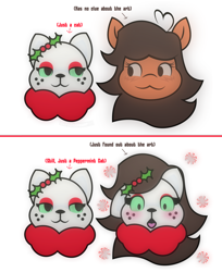 Size: 1892x2317 | Tagged: safe, derpibooru import, oc, oc:robertapuddin, blushing, junipurr, junipurr the christmas cat, shocked, snow, snowflake, transformation