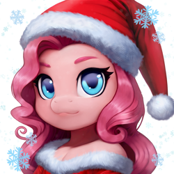 Size: 1920x1920 | Tagged: safe, artist:justvavx, derpibooru import, pinkie pie, earth pony, pony, g4, bust, christmas, female, hat, holiday, mare, portrait, santa hat, simple background, snow, snowflake, white background