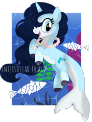 Size: 2872x3824 | Tagged: safe, artist:interstellar-quartz, derpibooru import, oc, oc:katsumi, fish, merpony, pony, unicorn, augmented, augmented tail, bubble, dorsal fin, female, fin, fish tail, mare, ocean, open mouth, open smile, scales, seaweed, smiling, solo, swimming, tail, underwater, water