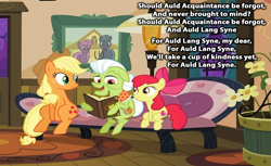 Size: 1097x673 | Tagged: safe, derpibooru import, edit, edited screencap, editor:incredibubbleirishguy, screencap, apple bloom, applejack, granny smith, earth pony, apple family reunion, g4, apple bloom's cutie mark, apple sisters, auld lang syne, days gone by, elderly, female, filly, foal, lyrics, mare, meme, new year, siblings, sisters, text, young mare