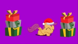 Size: 1079x607 | Tagged: safe, artist:dipi11, artist:hako33, derpibooru import, edit, scootaloo, pegasus, pony, g4, christmas, cute, cutealoo, hat, holiday, present, santa hat, solo