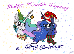 Size: 2698x1976 | Tagged: safe, alternate version, artist:lunadorable, derpibooru import, princess celestia, princess luna, alicorn, pony, g4, bauble, bust, christmas, christmas lights, christmas tree, clothes, colored, colored sketch, ear piercing, earring, ethereal mane, eyeshadow, female, hat, heart, hearth's warming, holiday, jewelry, lineart, looking at you, makeup, mistletoe, ornament, piercing, royal sisters, santa hat, scarf, siblings, signature, sisters, sketch, smiling, smiling at you, stars, striped scarf, text, traditional art, tree