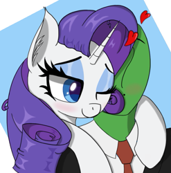 Size: 879x889 | Tagged: safe, artist:raritymylove, derpibooru import, rarity, oc, oc:anon, pony, blushing, cute, ear fluff, ears, heart, hug, one eye closed, wink