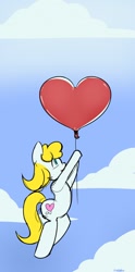 Size: 634x1280 | Tagged: safe, artist:dirtyscoundrel, derpibooru import, oc, oc only, oc:tender heart, earth pony, pony, balloon, flying, heart, heart balloon, hoof hold, looking at something, sky, solo, that pony sure does love balloons