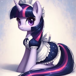 Size: 1024x1024 | Tagged: safe, ai content, derpibooru import, generator:dall-e 3, machine learning generated, twilight sparkle, unicorn twilight, pony, unicorn, g4, clothes, female, long tail, looking at you, maid, maid headdress, maidlight sparkle, mare, prompter needed, solo, tail