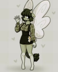 Size: 1492x1855 | Tagged: safe, artist:_alixxie_, derpibooru import, oc, oc only, oc:cora, anthro, flutter pony, unguligrade anthro, female, flower, flower in hair, green background, simple background, smiling, solo, waving