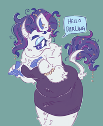 Size: 1201x1481 | Tagged: safe, artist:tottallytoby, derpibooru import, rarity, anthro, pony, unicorn, g4, arm fluff, bracelet, breasts, cheek fluff, cleavage, cleavage fluff, clothes, curved horn, darling, dialogue, dress, ear piercing, earring, elbow fluff, eyeshadow, female, finger hooves, hair beads, hair bun, horn, jewelry, leg fluff, leonine tail, lidded eyes, makeup, piercing, shoulder fluff, simple background, solo, speech, speech bubble, strapless, strapless dress, tail, tail beads, tail fluff, tail jewelry, talking, teal background, text