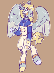 Size: 1017x1362 | Tagged: safe, artist:tottallytoby, derpibooru import, derpy hooves, anthro, pegasus, pony, unguligrade anthro, g4, ahoge, blaze (coat marking), brown background, clothes, coat markings, colored hooves, colored wings, colored wingtips, facial markings, female, finger hooves, fingerless gloves, freckles, gloves, jewelry, necklace, overalls, simple background, solo, spread wings, sweater, tan background, wing freckles, wings