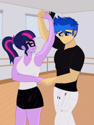 Size: 3000x4000 | Tagged: safe, artist:alkabiadiz, derpibooru import, flash sentry, sci-twi, twilight sparkle, equestria girls, g4, breasts, dancing, fanart, female, flashlight, looking at each other, looking at someone, male, romance, sciflash, shipping, smiling, smiling at each other, straight