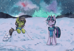 Size: 5711x3921 | Tagged: safe, artist:lightisanasshole, derpibooru import, twilight sparkle, oc, oc:anon filly, earth pony, pony, unicorn, :p, absurd resolution, aurora borealis, clothes, cute, duo, duo female, female, filly, foal, forest, hill, nature, night, scarf, snow, snowball, snowball fight, stars, tongue, tongue out, traditional art, tree, unimpressed, watercolor painting