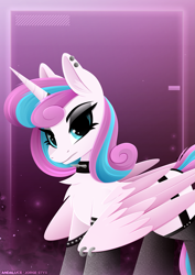 Size: 1529x2160 | Tagged: safe, artist:andaluce, artist:jorge-styx, derpibooru import, princess flurry heart, alicorn, pony, g4, clothes, collar, edgy, emo, female, gritted teeth, horn, horn ring, large wings, lineless, mare, older, older flurry heart, partially open wings, piercing, princess emo heart, ring, socks, solo, spiked collar, teeth, wings