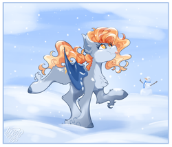 Size: 2494x2136 | Tagged: safe, artist:ezzerie, derpibooru import, oc, oc only, oc:snooze, bat pony, pony, :p, female, fetlock tuft, fluffy, mare, snow, snowman, solo, tongue, tongue out