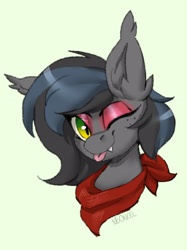 Size: 2024x2706 | Tagged: safe, artist:neoncel, derpibooru import, oc, oc only, oc:notde, bat pony, pony, bat pony oc, bust, clothes, eyeshadow, fangs, female, freckles, icon, makeup, mare, mlem, one eye closed, portrait, scarf, silly, solo, tongue, tongue out, wink