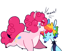 Size: 2048x1656 | Tagged: safe, artist:goatpaste, derpibooru import, pinkie pie, rainbow dash, earth pony, pegasus, pony, g4, alternate design, collar, duo, fat, female, forehead kiss, kissing, lesbian, mare, pinkiedash, pudgy pie, shipping, simple background, spiked collar, tongue, tongue out, white background