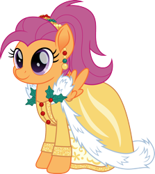 Size: 1424x1600 | Tagged: safe, artist:cloudy glow, derpibooru import, scootaloo, pegasus, pony, g4, 1994, barbie, clothes, dress, female, holiday, holiday barbie, holly, ponytail, simple background, smiling, solo, transparent background