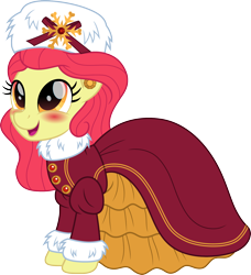 Size: 1460x1600 | Tagged: safe, artist:cloudy glow, derpibooru import, apple bloom, earth pony, pony, g4, 1996, barbie, blushing, clothes, dress, female, hat, holiday, holiday barbie, simple background, solo, transparent background, winter hat