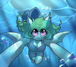 Size: 3623x3171 | Tagged: safe, artist:minty--fresh, derpibooru import, oc, anthro, bat pony, anthro oc, arms out, braid, breasts, bubble, cleavage, clothes, hat, hat off, holding breath, solo, swimsuit, underwater, water