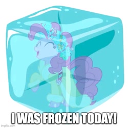 Size: 500x500 | Tagged: artist needed, safe, derpibooru import, editor:railpony, pinkie pie, earth pony, pony, g4, caption, charlie wilcox, christmas, christopher lloyd, holiday, i was frozen today, imgflip, meme, nostalgia critic, ponified, ponified meme, solo, spirit of hearth's warming presents, suburban commando, text