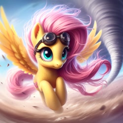 Size: 1024x1024 | Tagged: safe, ai content, machine learning generated, fluttershy, pegasus, pony, bing, female, fluffy, flying, goggles, goggles on head, mare, solo, tornado, windswept mane